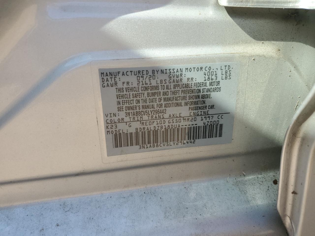 2020 Nissan Sentra Sv VIN: 3N1AB8CV5LY296442 Lot: 84239225