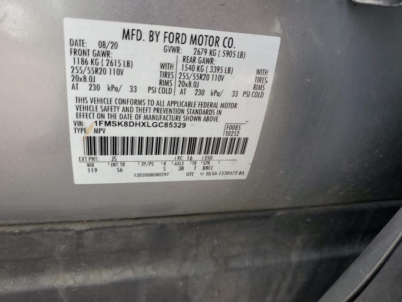 2020 Ford Explorer Xlt VIN: 1FMSK8DHXLGC85329 Lot: 72067715