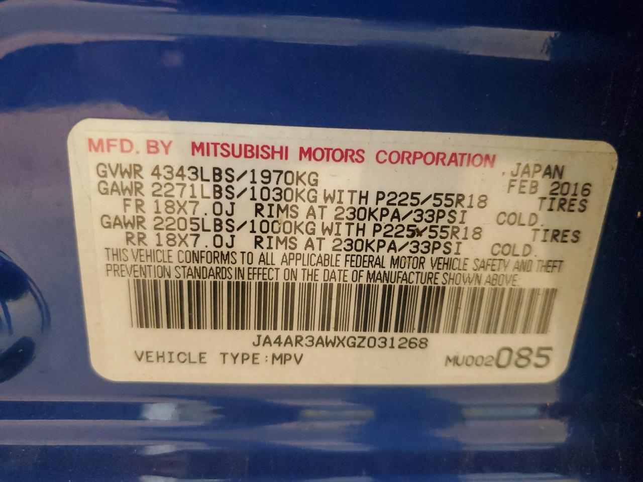 2016 Mitsubishi Outlander Sport Es VIN: JA4AR3AWXGZ031268 Lot: 71100065