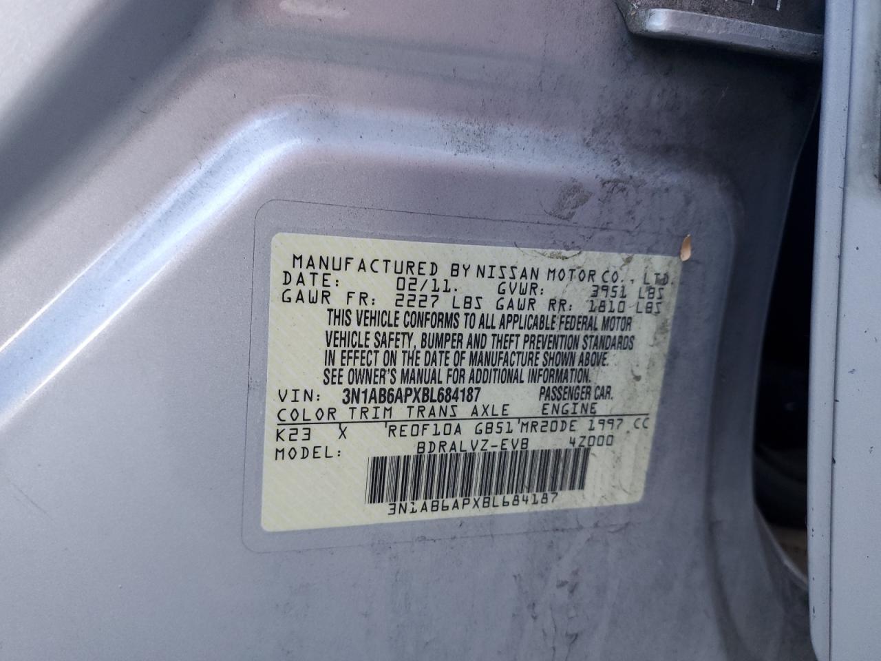 2011 Nissan Sentra 2.0 VIN: 3N1AB6APXBL684187 Lot: 81466745