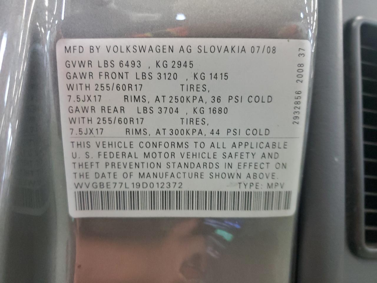 2009 Volkswagen Touareg 2 V6 VIN: WVGBE77L19D012372 Lot: 84238215