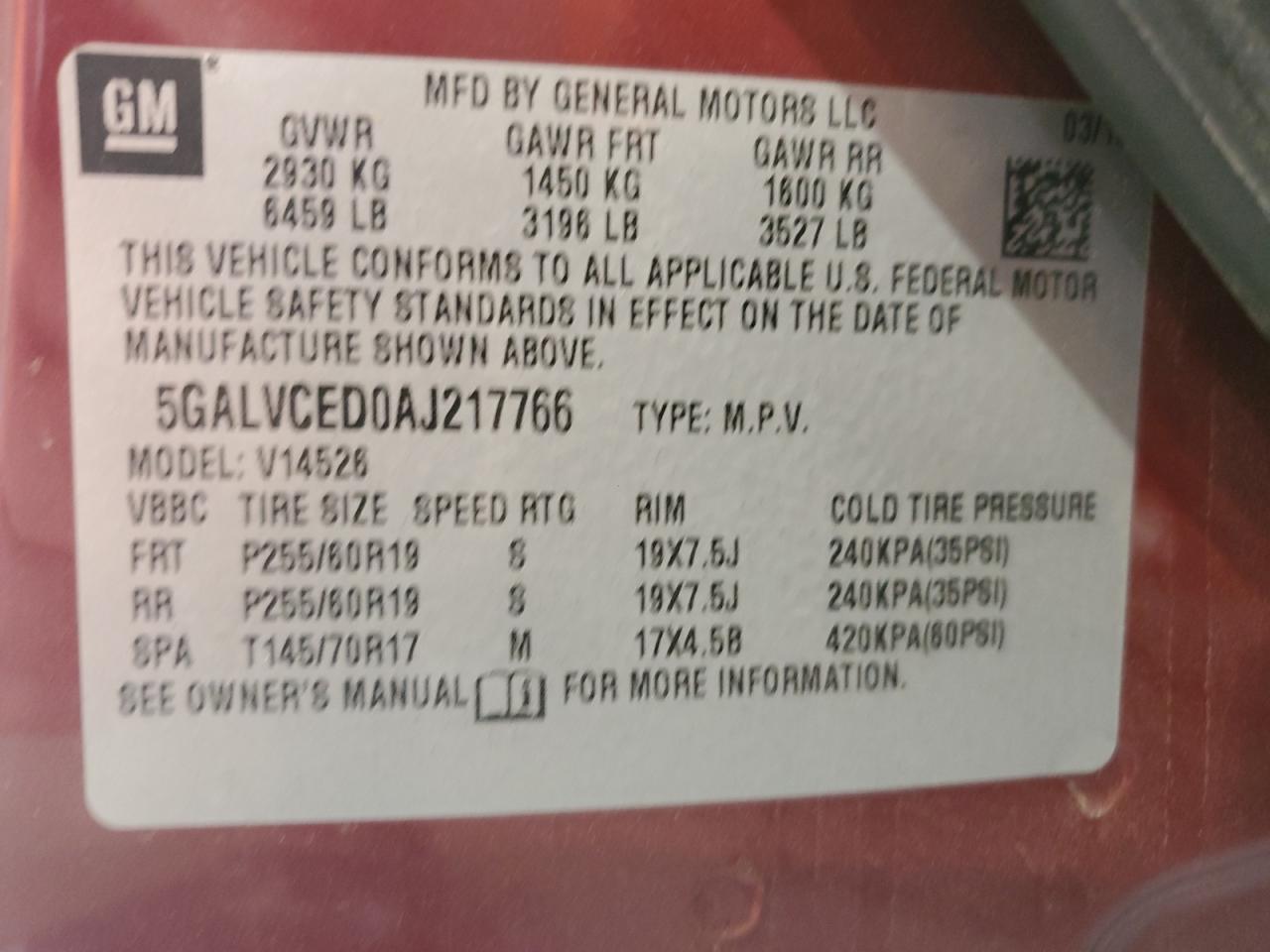 2010 Buick Enclave Cxl VIN: 5GALVCED0AJ217766 Lot: 83961795