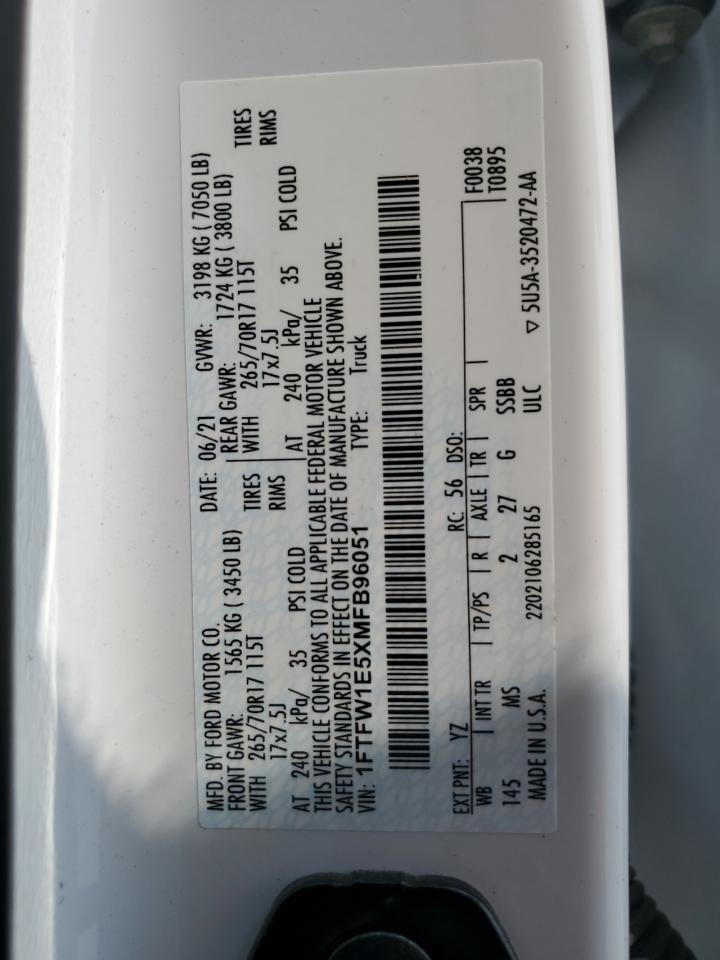 2021 Ford F150 Supercrew VIN: 1FTFW1E5XMFB96051 Lot: 71672385