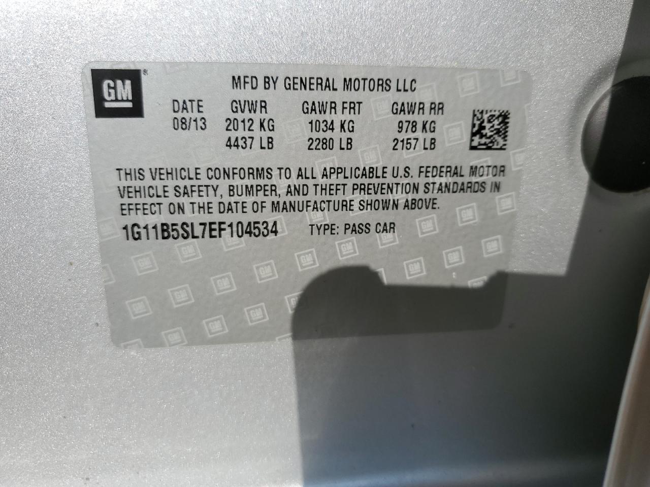 2014 Chevrolet Malibu Ls VIN: 1G11B5SL7EF104534 Lot: 80096885