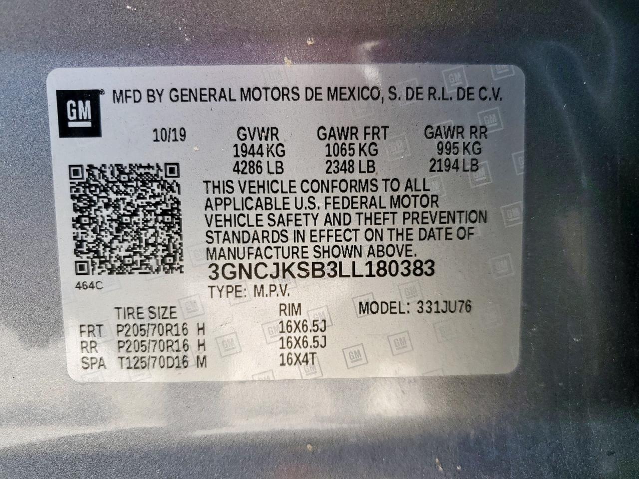 2020 Chevrolet Trax Ls VIN: 3GNCJKSB3LL180383 Lot: 80799015