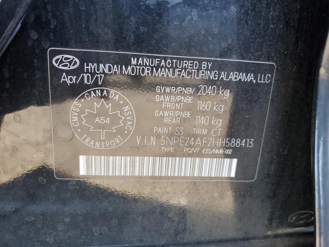 2017 Hyundai Sonata Se VIN: 5NPE24AF2HH588413 Lot: 81139815