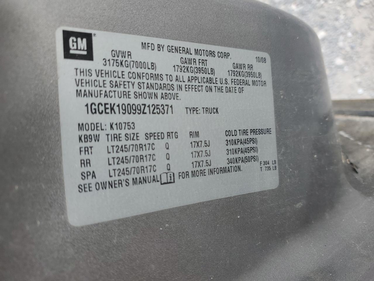 2009 Chevrolet Silverado K1500 VIN: 1GCEK19099Z125371 Lot: 80752305