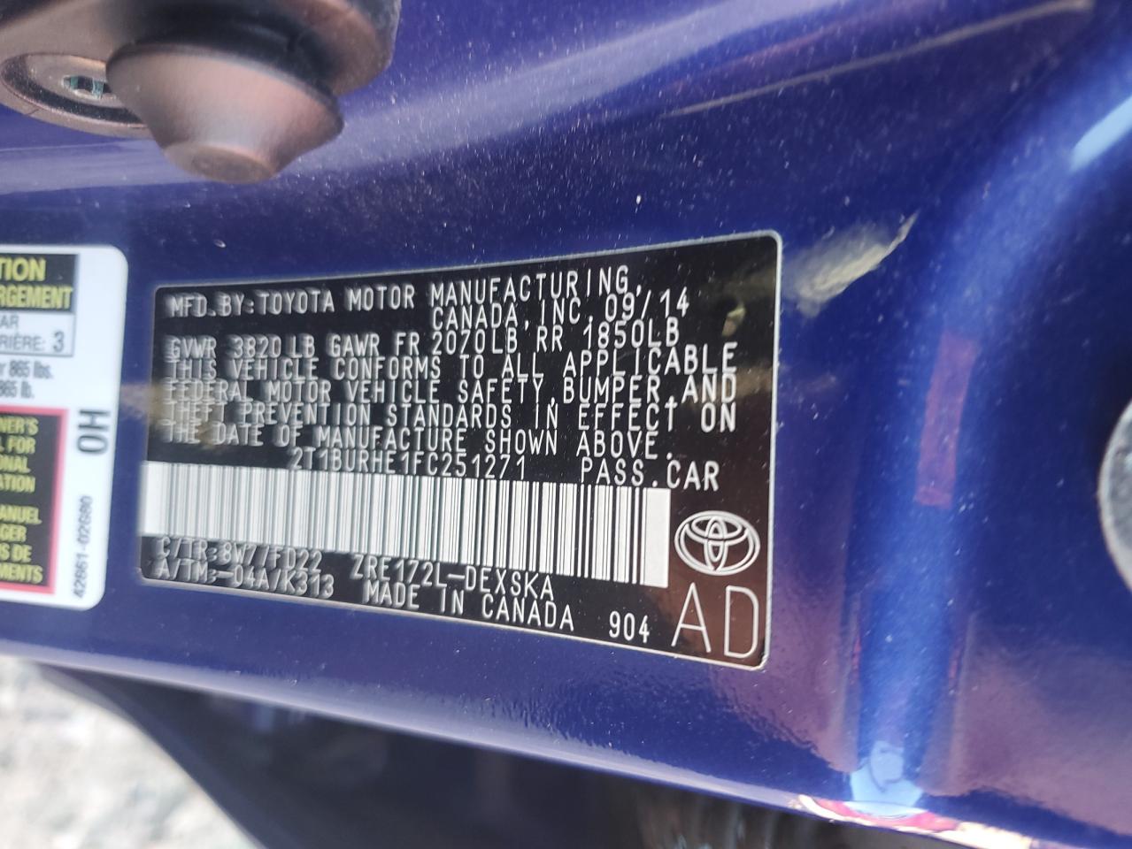 2015 Toyota Corolla L VIN: 2T1BURHE1FC251271 Lot: 84431265