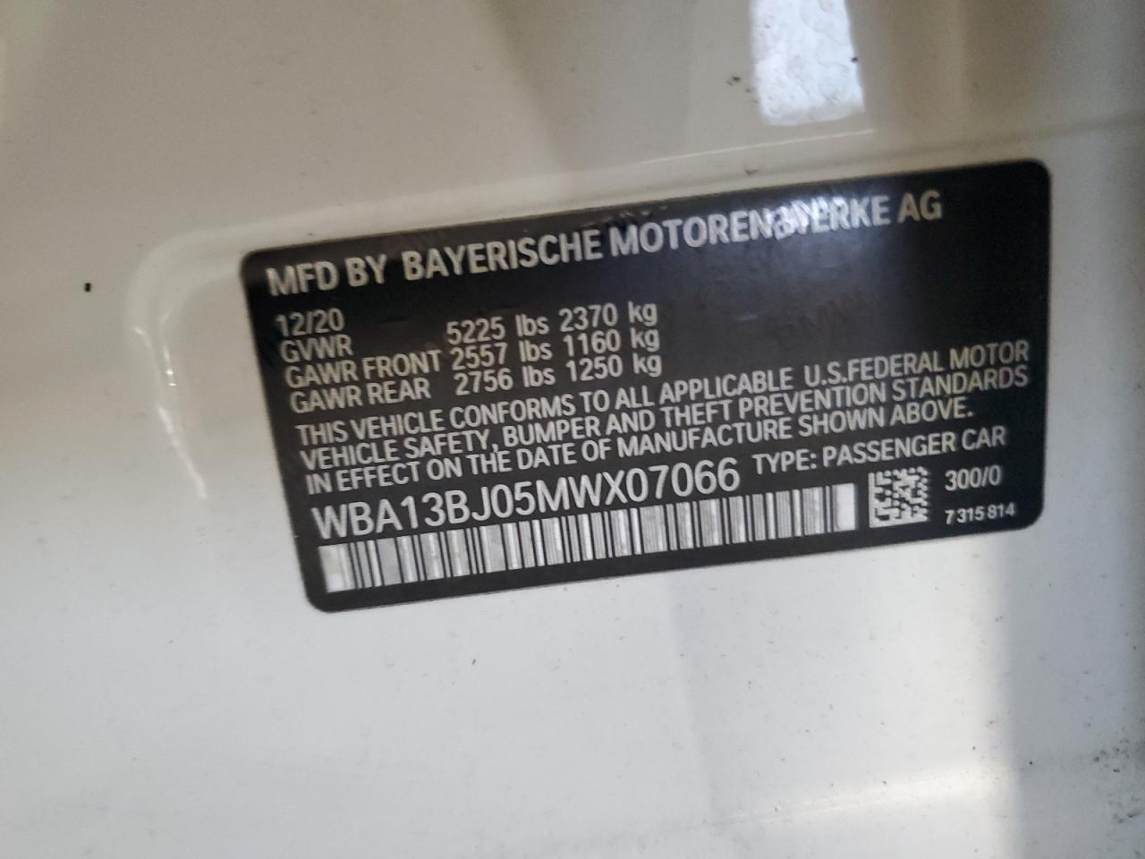 2021 BMW 530 Xi VIN: WBA13BJ05MWX07066 Lot: 71797985