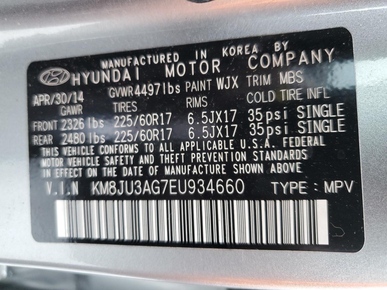 2014 Hyundai Tucson Gls VIN: KM8JU3AG7EU934660 Lot: 80252595