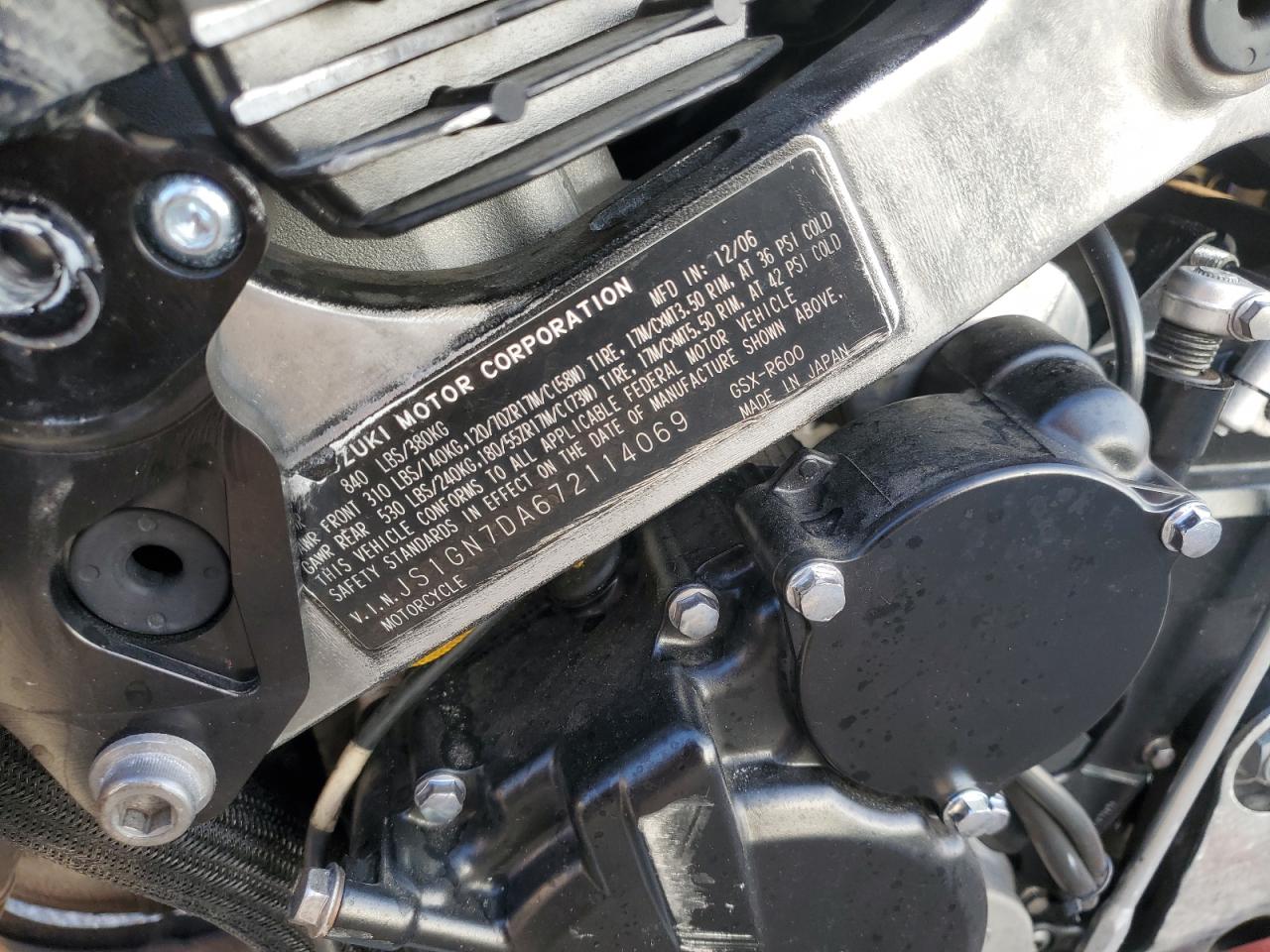 2007 Suzuki Gsx-R600 VIN: JS1GN7DA672114069 Lot: 80676895