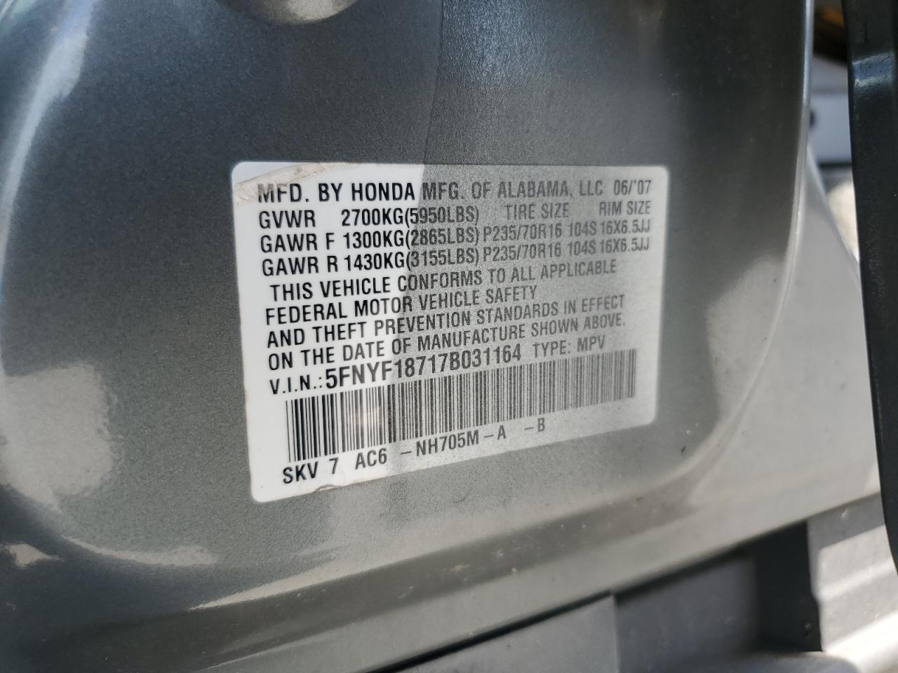 2007 Honda Pilot Exl VIN: 5FNYF18717B031164 Lot: 71455515