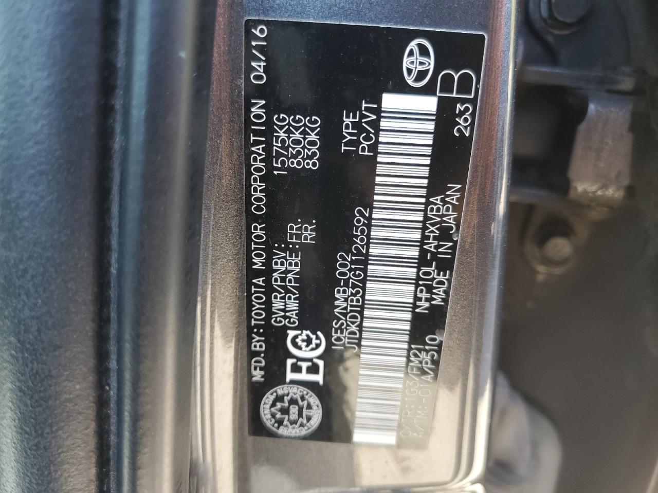 2016 Toyota Prius C VIN: JTDKDTB37G1126592 Lot: 83773155