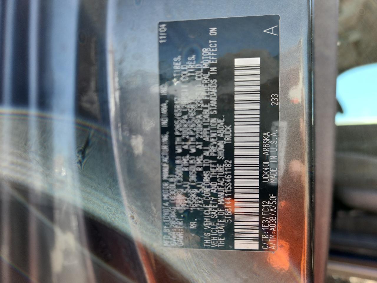 2005 Toyota Tundra Access Cab Sr5 VIN: 5TBBT44115S461182 Lot: 81334475