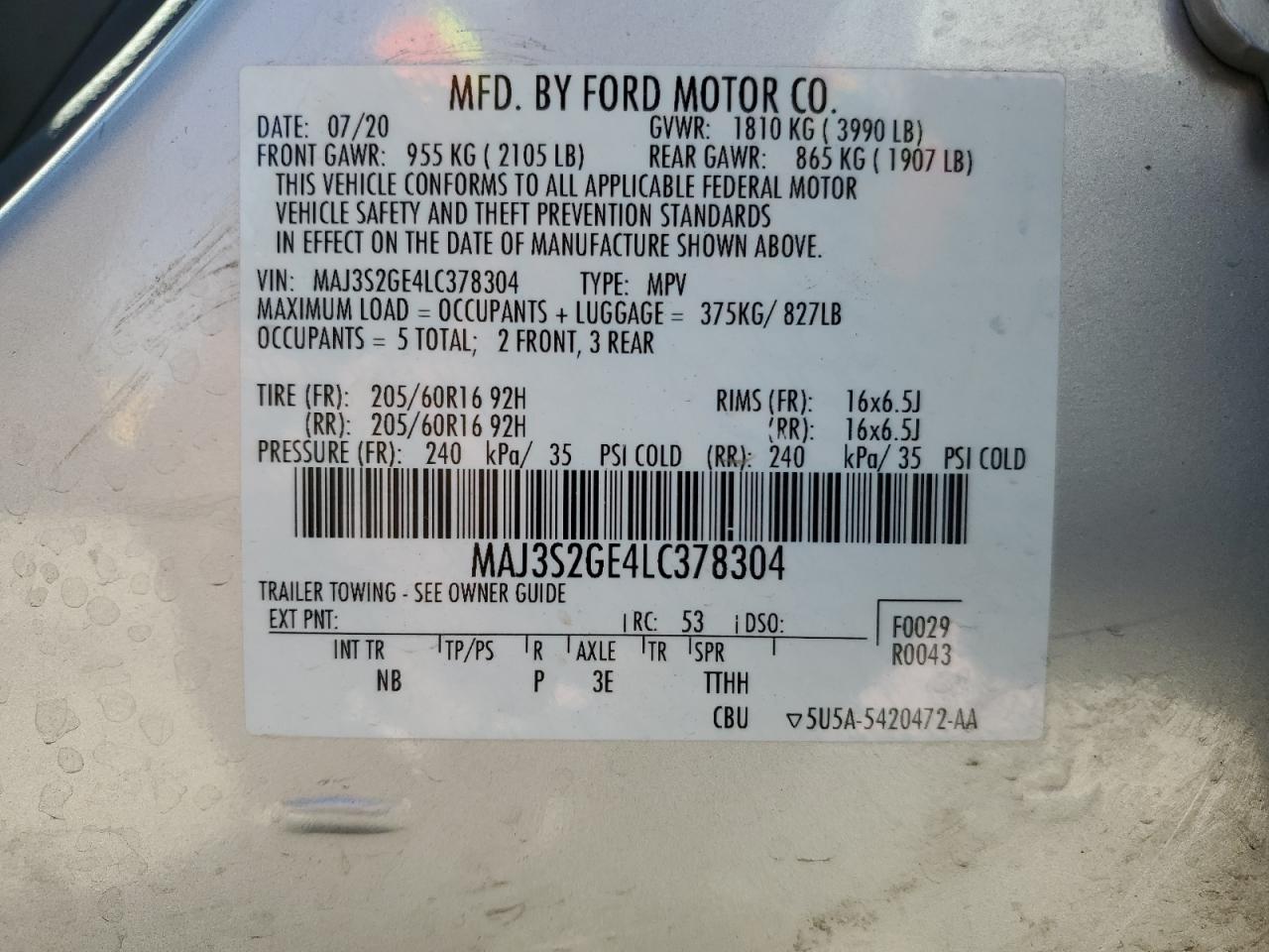 2020 Ford Ecosport Se VIN: MAJ3S2GE4LC378304 Lot: 84470275