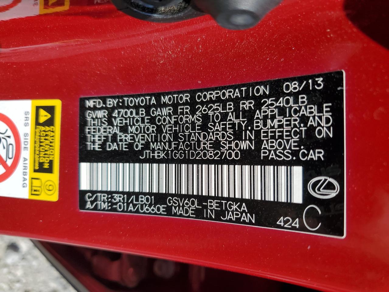 2013 Lexus Es 350 VIN: JTHBK1GG1D2082700 Lot: 70975765