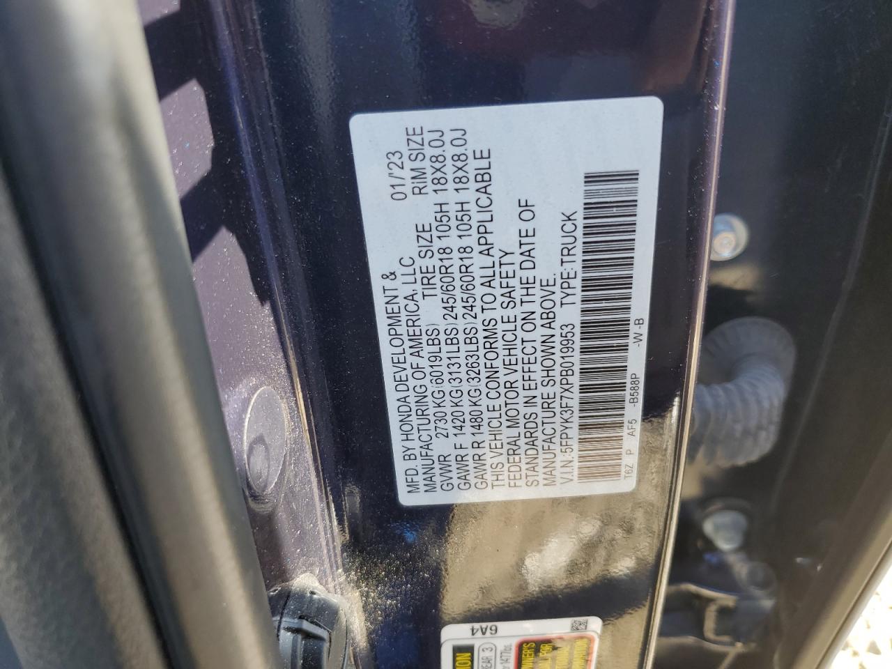 2023 Honda Ridgeline Rtl-E VIN: 5FPYK3F7XPB019953 Lot: 80307775