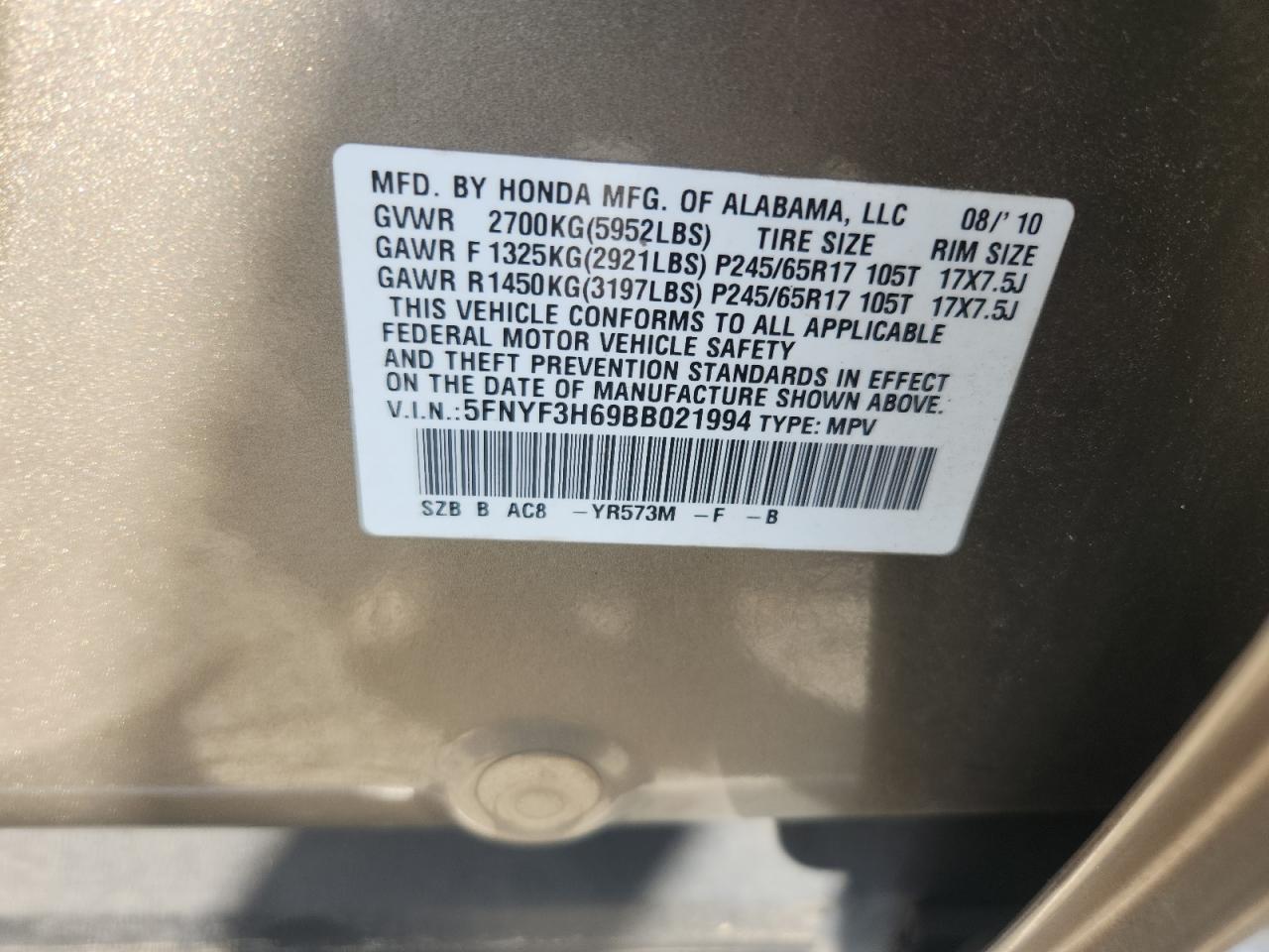 2011 Honda Pilot Exl VIN: 5FNYF3H69BB021994 Lot: 80681105