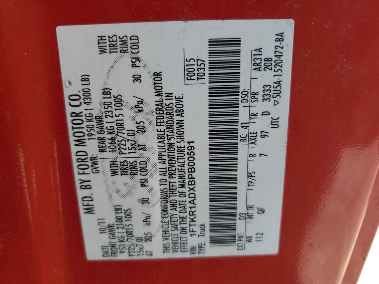 2011 Ford Ranger VIN: 1FTKR1ADXBPB00591 Lot: 80401445