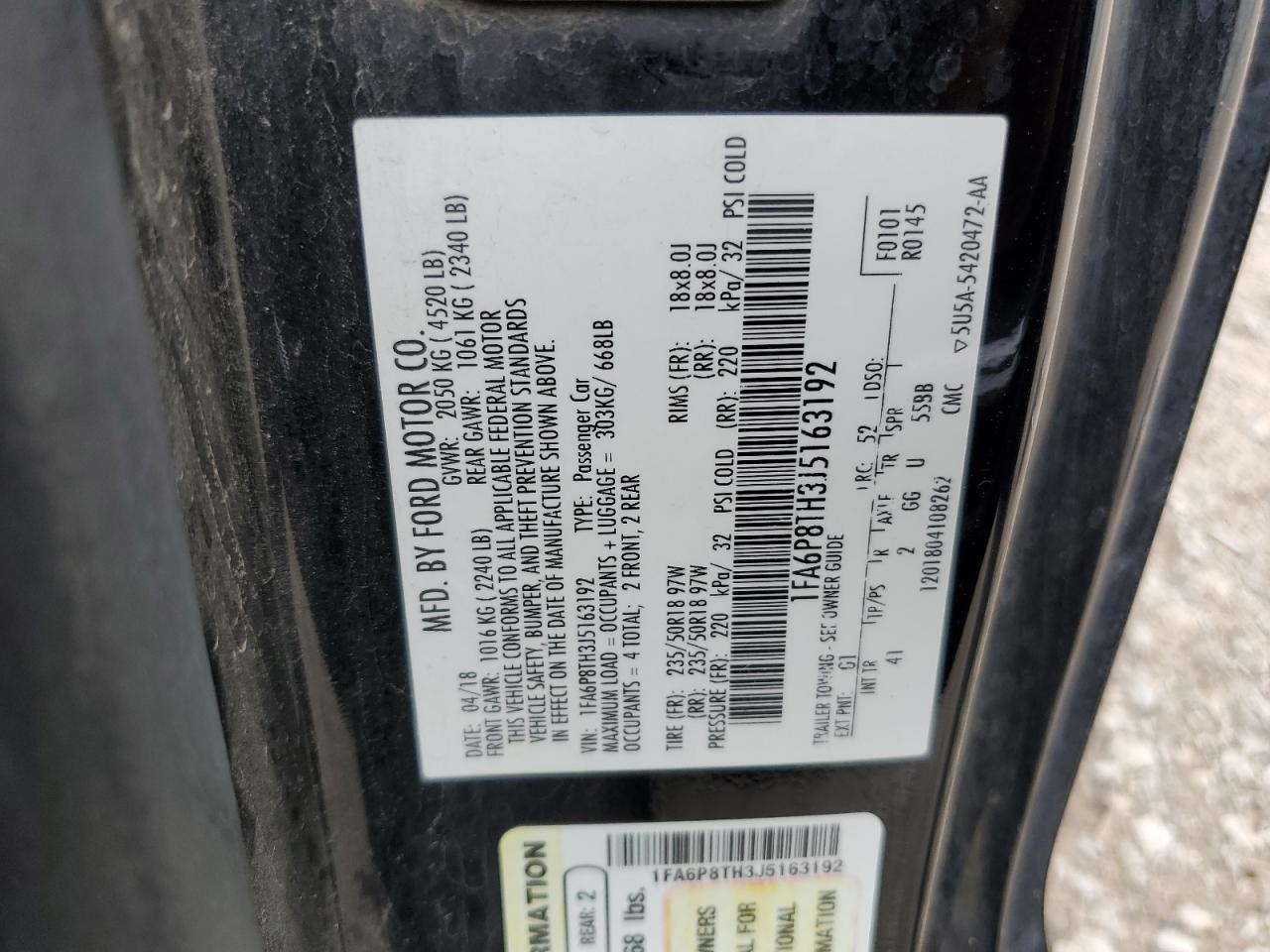 2018 Ford Mustang VIN: 1FA6P8TH3J5163192 Lot: 70514885