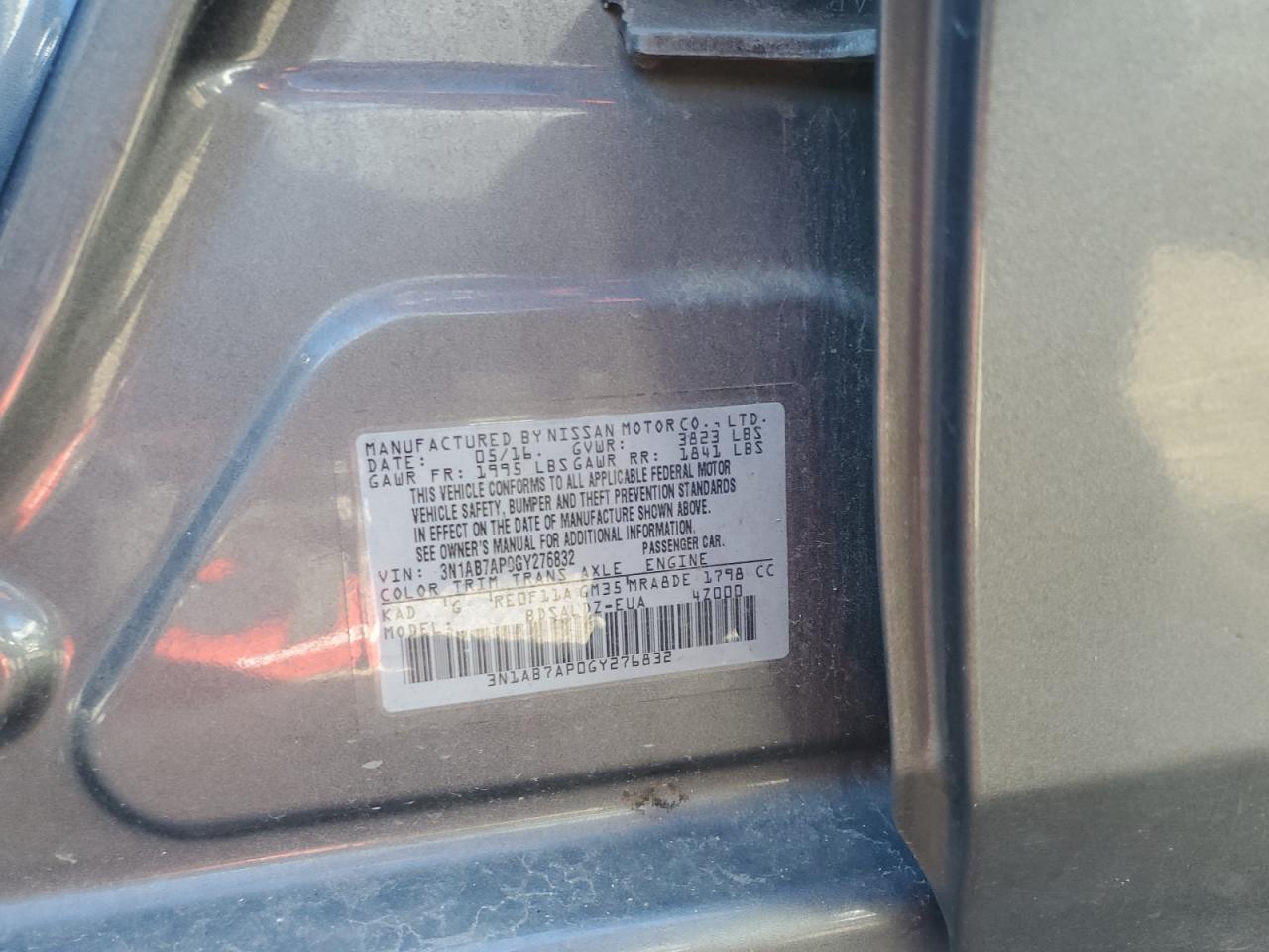 2016 Nissan Sentra S VIN: 3N1AB7AP0GY276832 Lot: 83754995