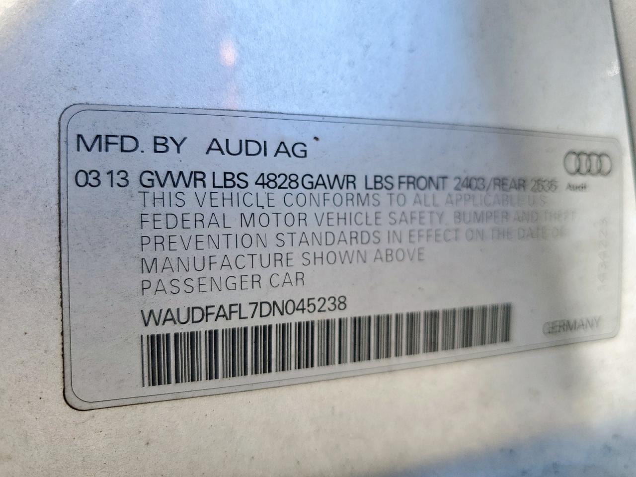 2013 Audi A4 Premium VIN: WAUDFAFL7DN045238 Lot: 82056825