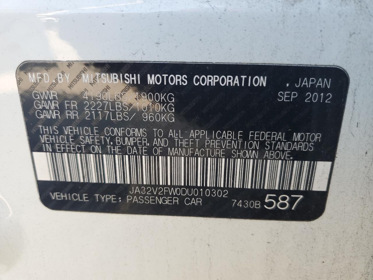 2013 Mitsubishi Lancer Se VIN: JA32V2FW0DU010302 Lot: 72035475