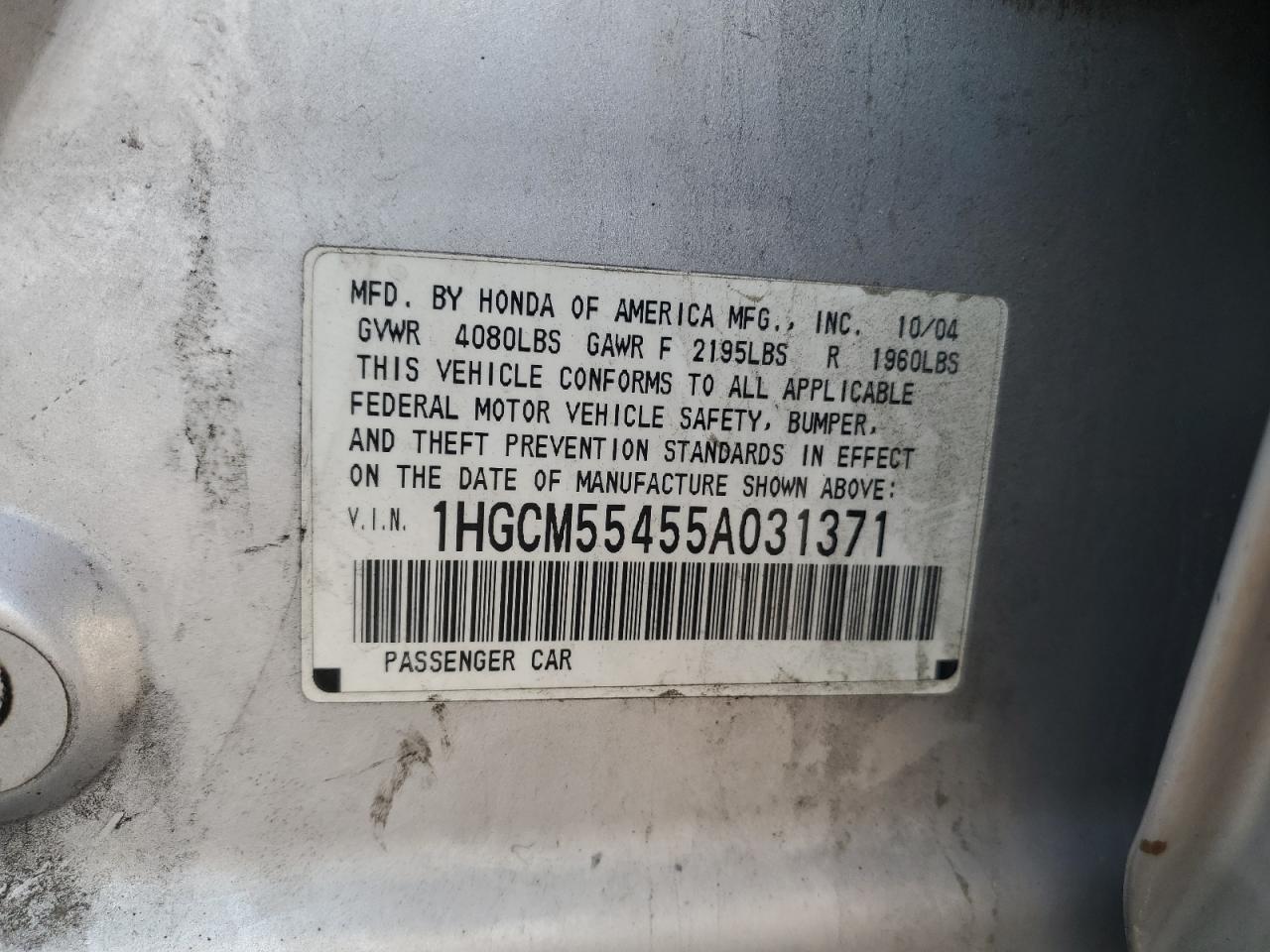 2005 Honda Accord Lx VIN: 1HGCM55455A031371 Lot: 71243695