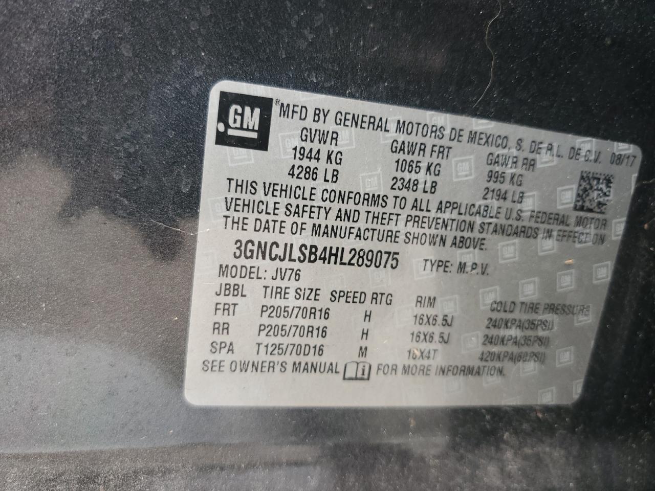 2017 Chevrolet Trax 1Lt VIN: 3GNCJLSB4HL289075 Lot: 80358865