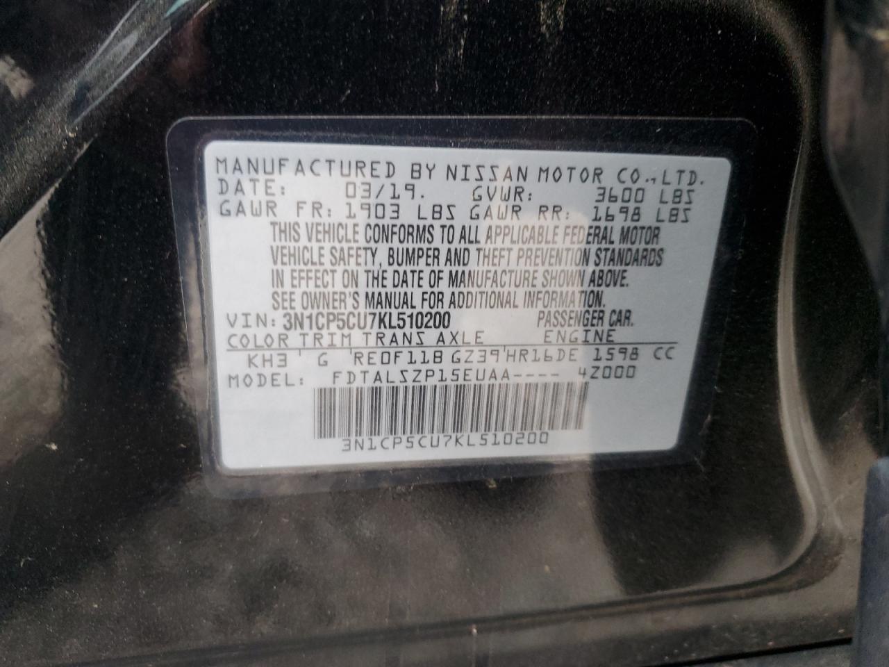 2019 Nissan Kicks S VIN: 3N1CP5CU7KL510200 Lot: 81661375