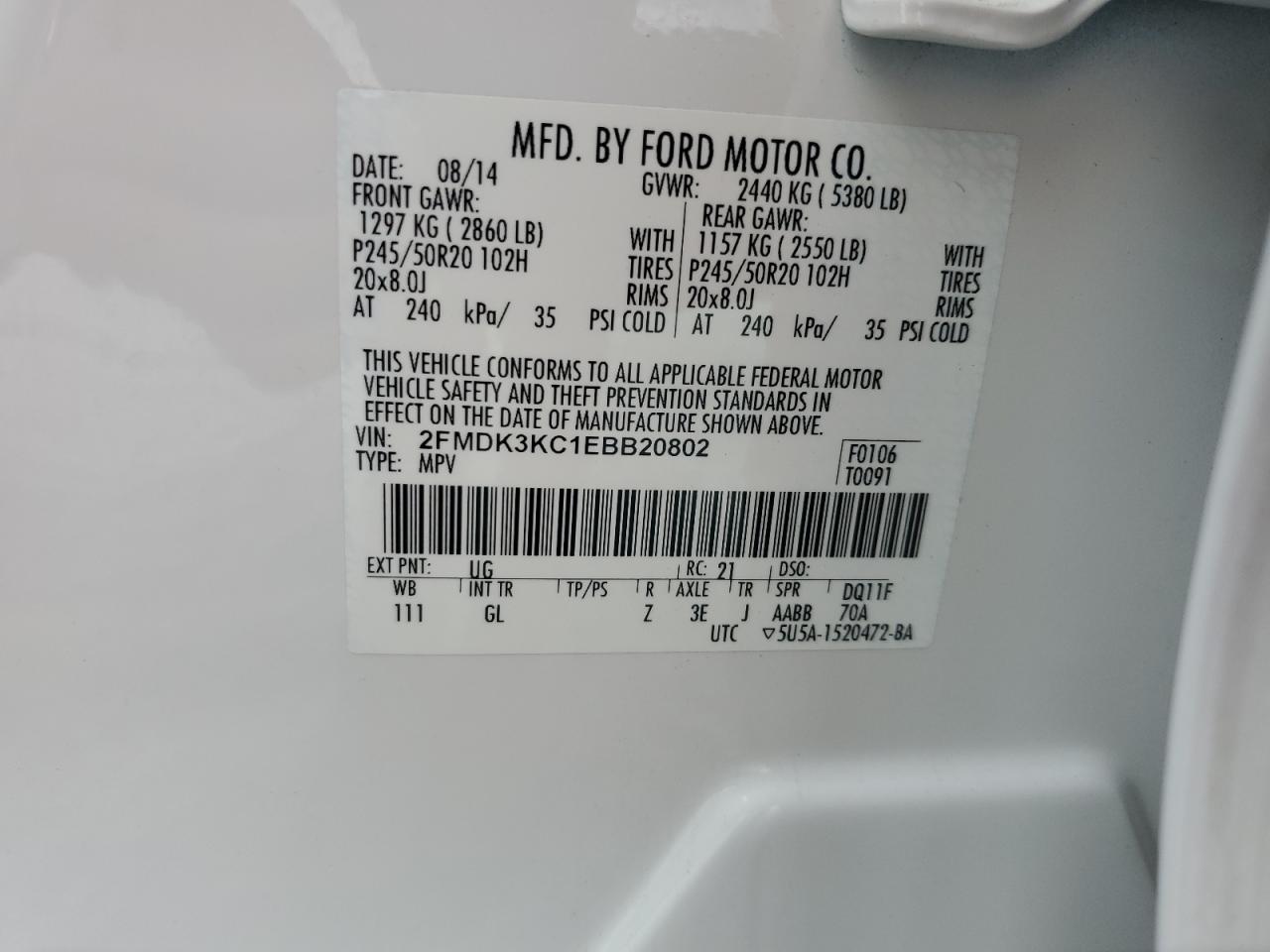 2014 Ford Edge Limited VIN: 2FMDK3KC1EBB20802 Lot: 84203335
