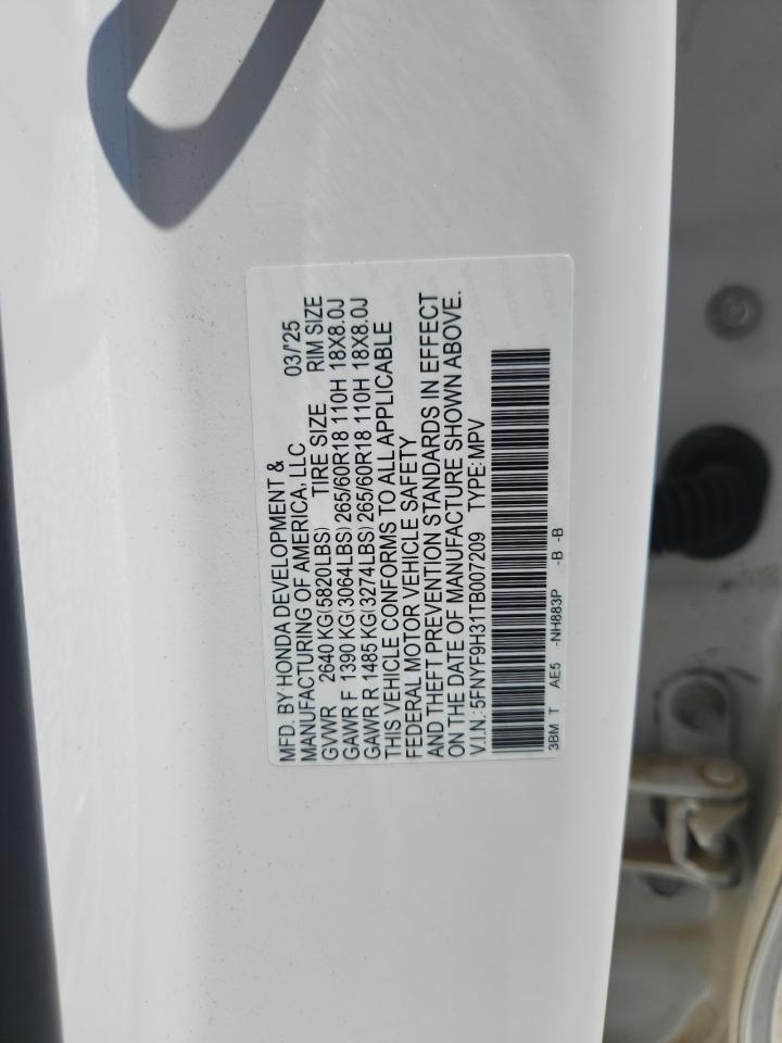2026 Honda Passport Rtl VIN: 5FNYF9H31TB007209 Lot: 71264205