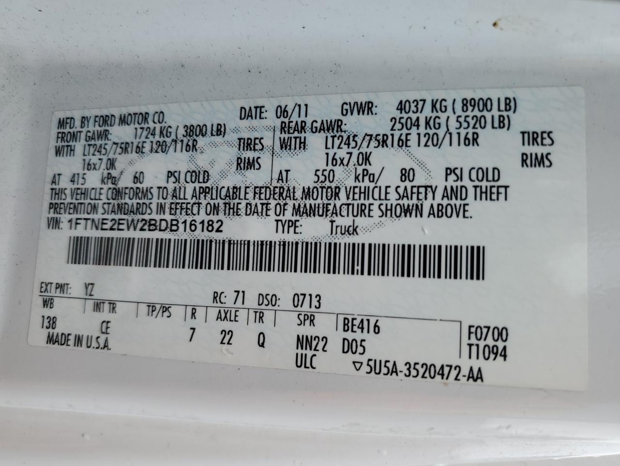 2011 Ford Econoline E250 Van VIN: 1FTNE2EW2BDB16182 Lot: 70294655