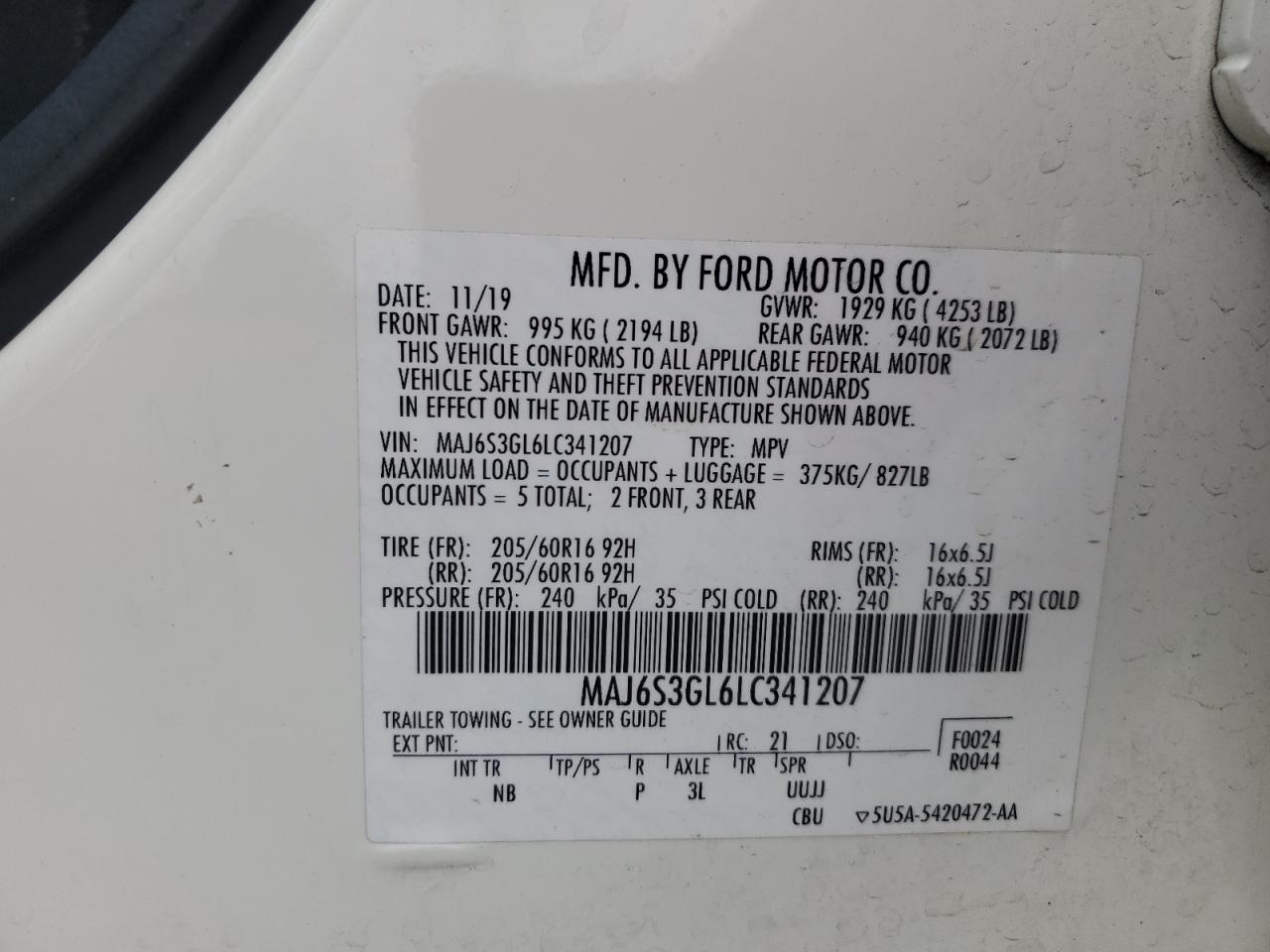 2020 Ford Ecosport Se VIN: MAJ6S3GL6LC341207 Lot: 71917985