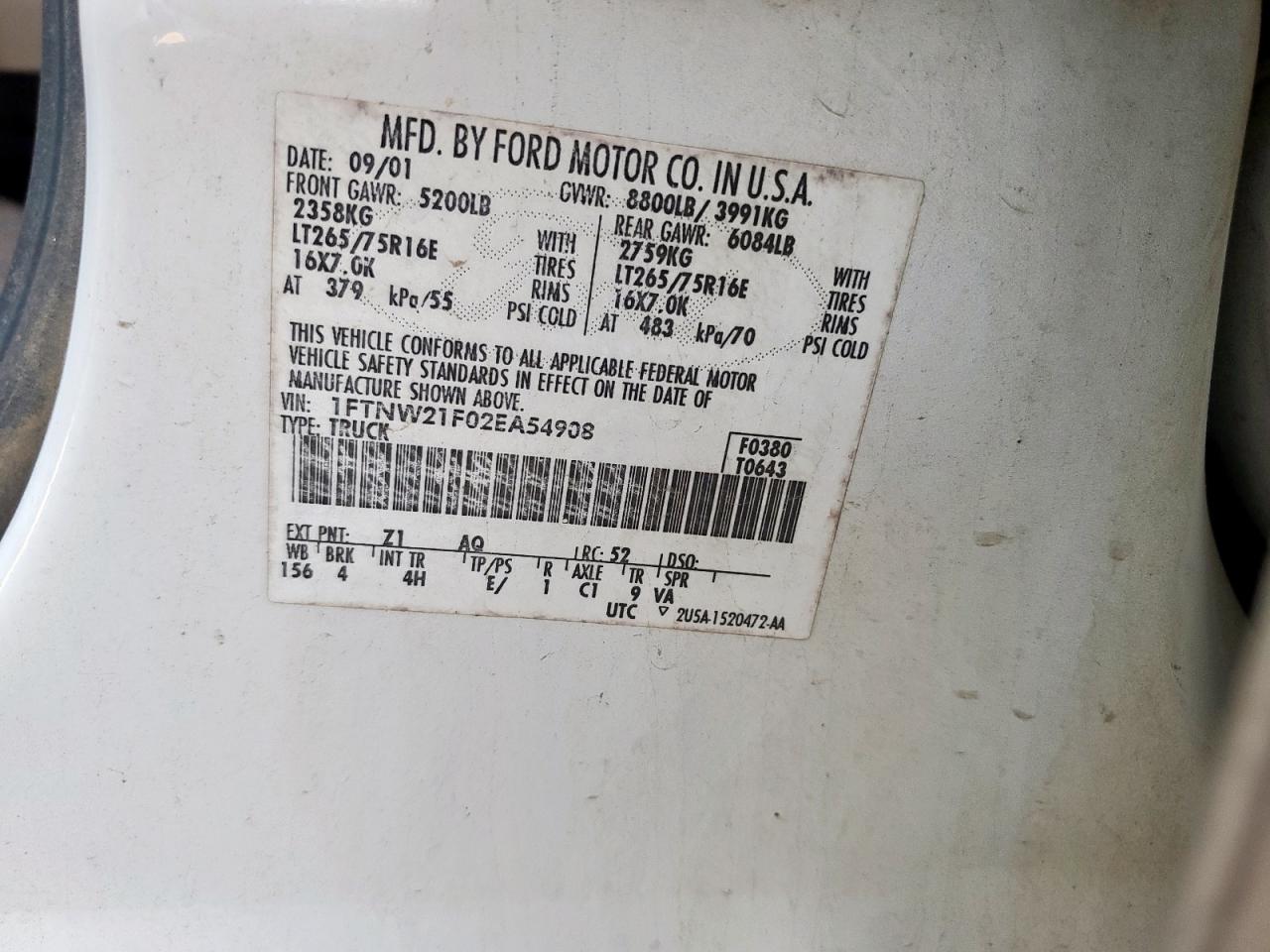 2002 Ford F250 Super Duty VIN: 1FTNW21F02EA54908 Lot: 91146195