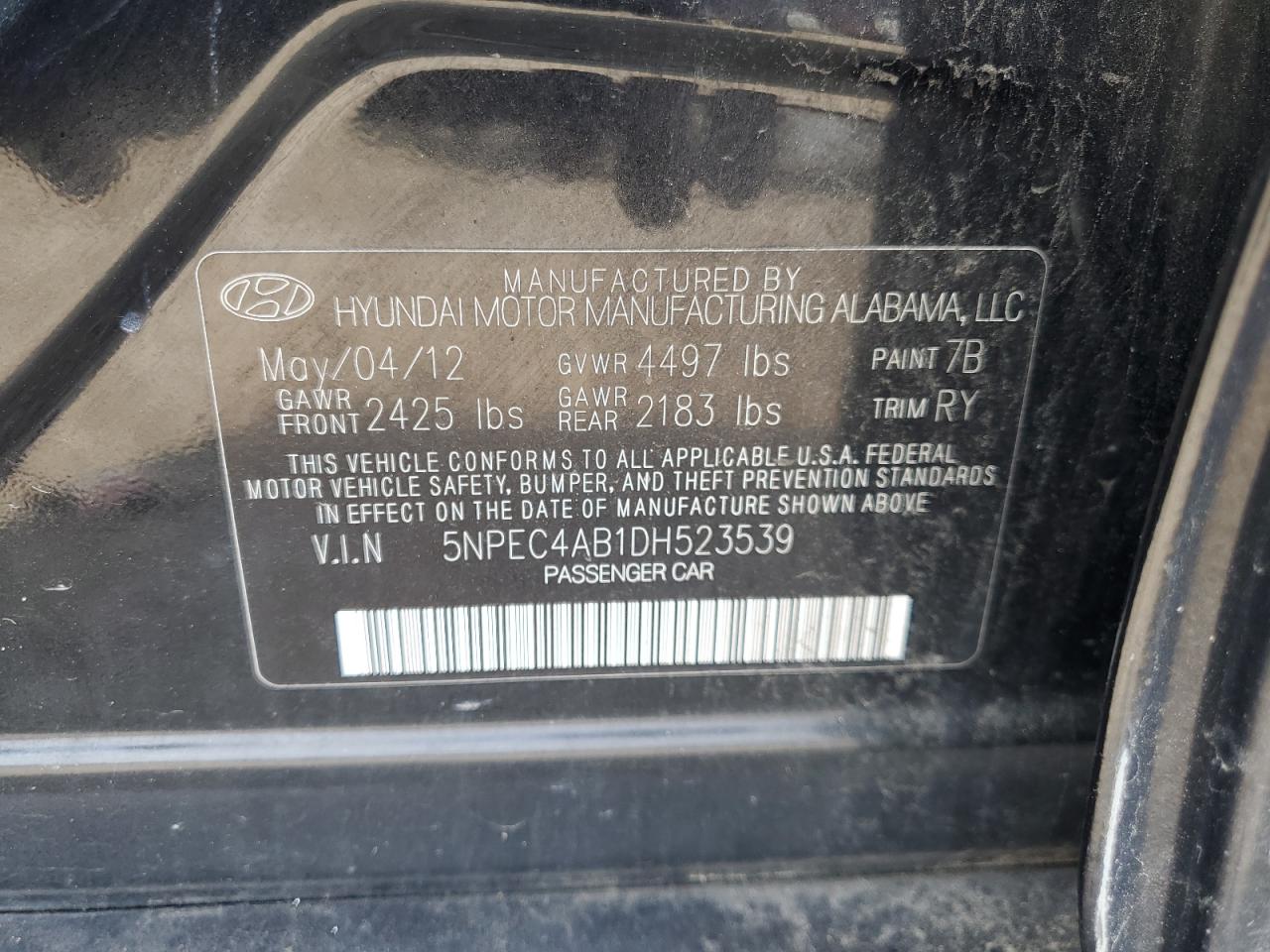 2013 Hyundai Sonata Se VIN: 5NPEC4AB1DH523539 Lot: 81466535