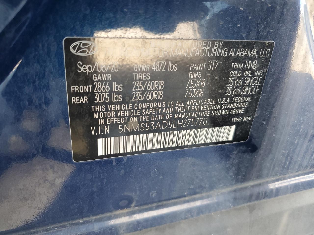 2020 Hyundai Santa Fe Limited VIN: 5NMS53AD5LH275770 Lot: 80635425