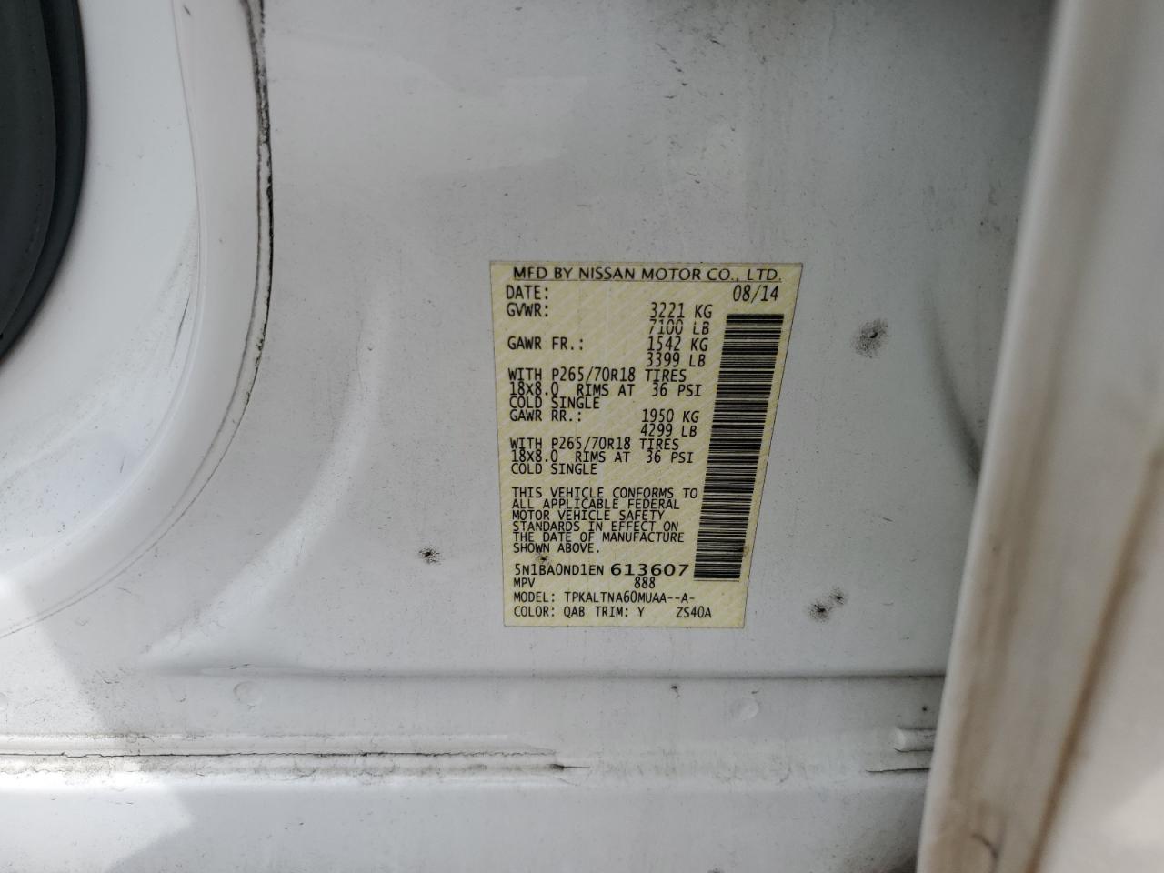 2014 Nissan Armada Sv VIN: 5N1BA0ND1EN613607 Lot: 83863535