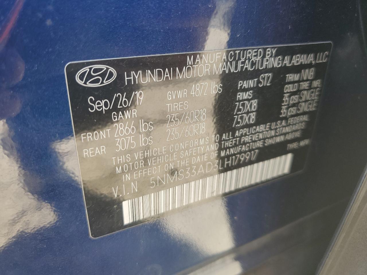 2020 Hyundai Santa Fe Sel VIN: 5NMS33AD3LH179917 Lot: 83989865