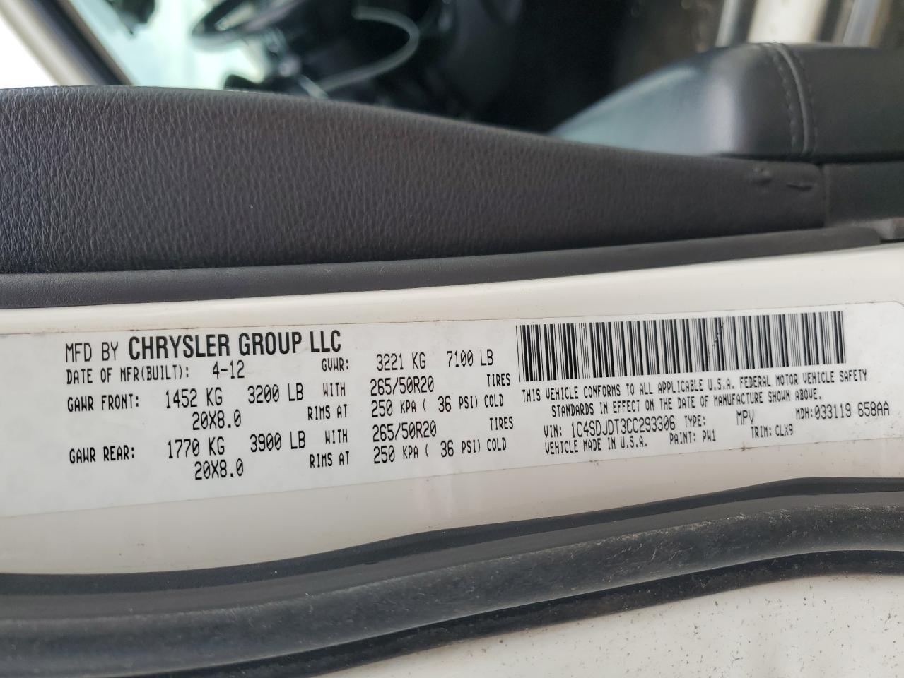 2012 Dodge Durango Crew VIN: 1C4SDJDT3CC293306 Lot: 84048105