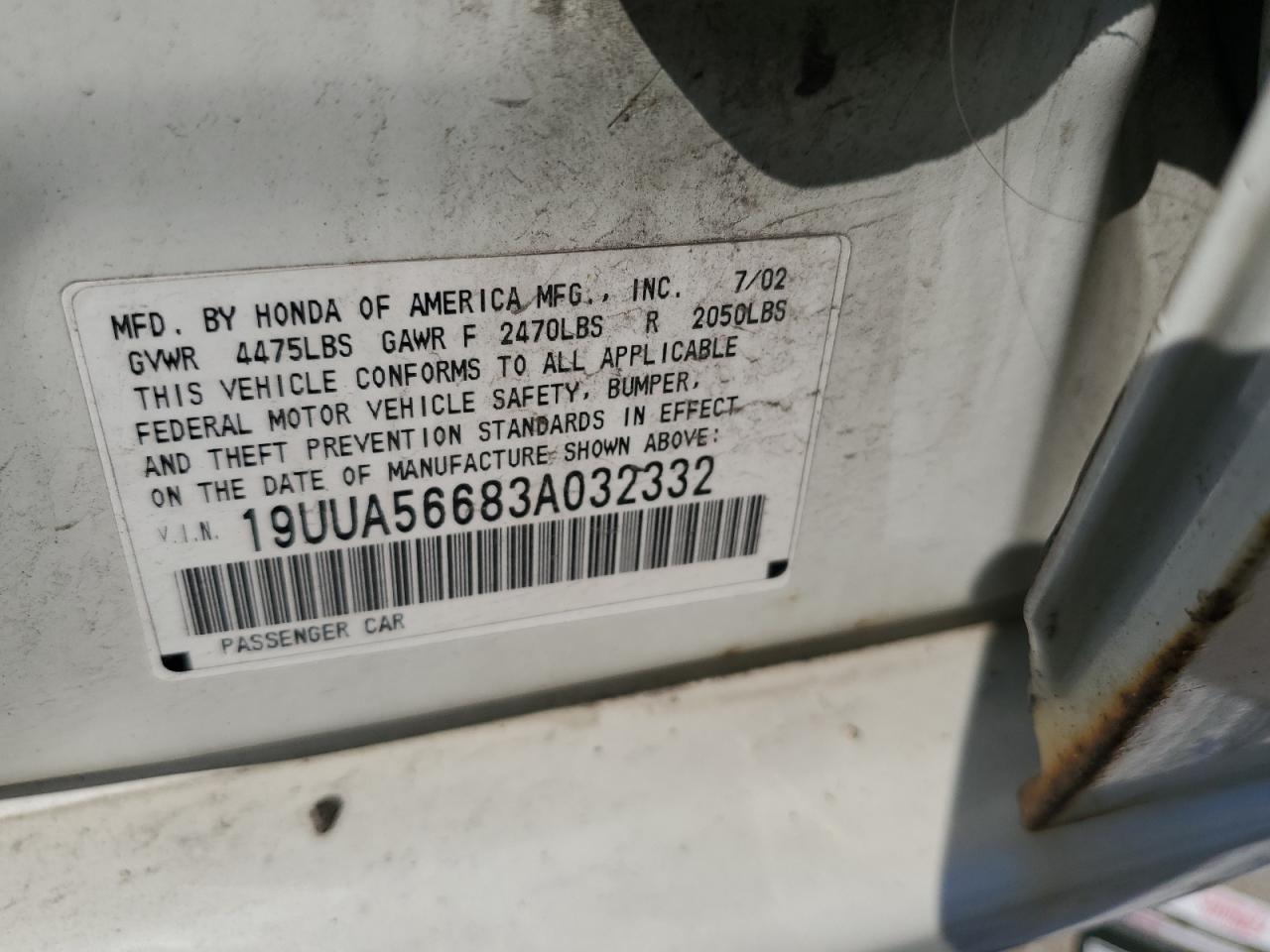 2003 Acura 3.2Tl VIN: 19UUA56683A032332 Lot: 80180245
