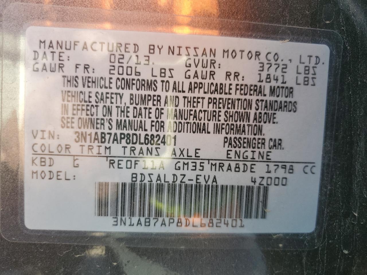 2013 Nissan Sentra S VIN: 3N1AB7AP8DL682401 Lot: 82105555