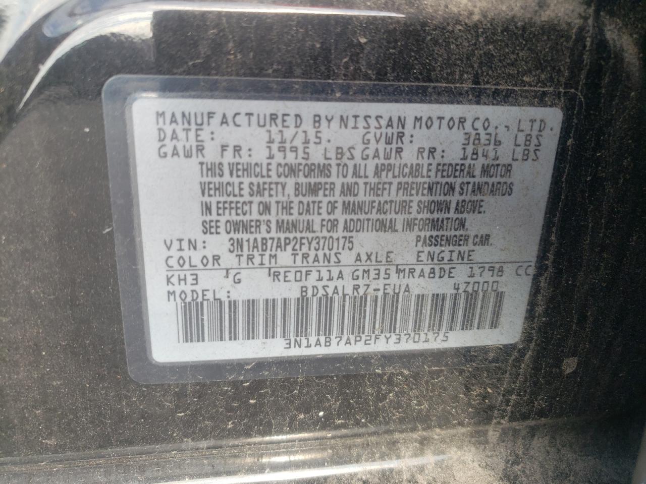 2015 Nissan Sentra S VIN: 3N1AB7AP2FY370175 Lot: 69218595