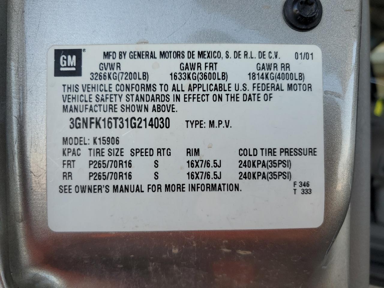 2001 Chevrolet Suburban K1500 VIN: 3GNFK16T31G214030 Lot: 80581095