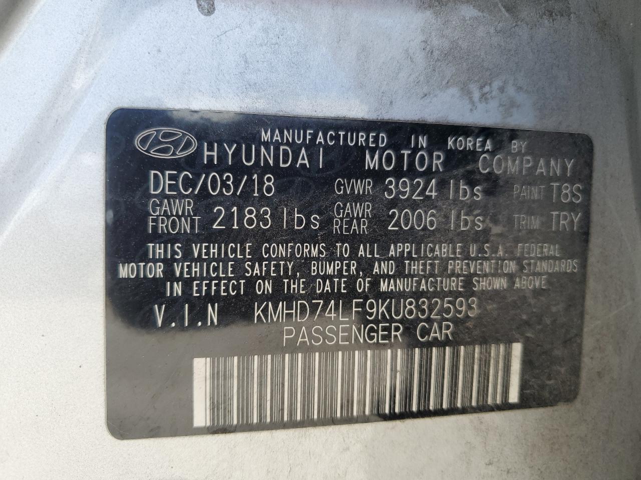2019 Hyundai Elantra Se VIN: KMHD74LF9KU832593 Lot: 80680765