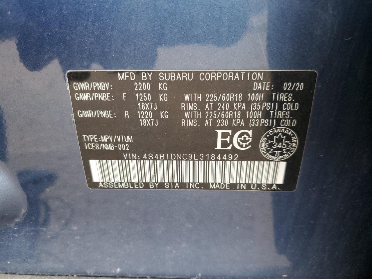 2020 Subaru Outback Limited VIN: 4S4BTDNC9L3184492 Lot: 81265735