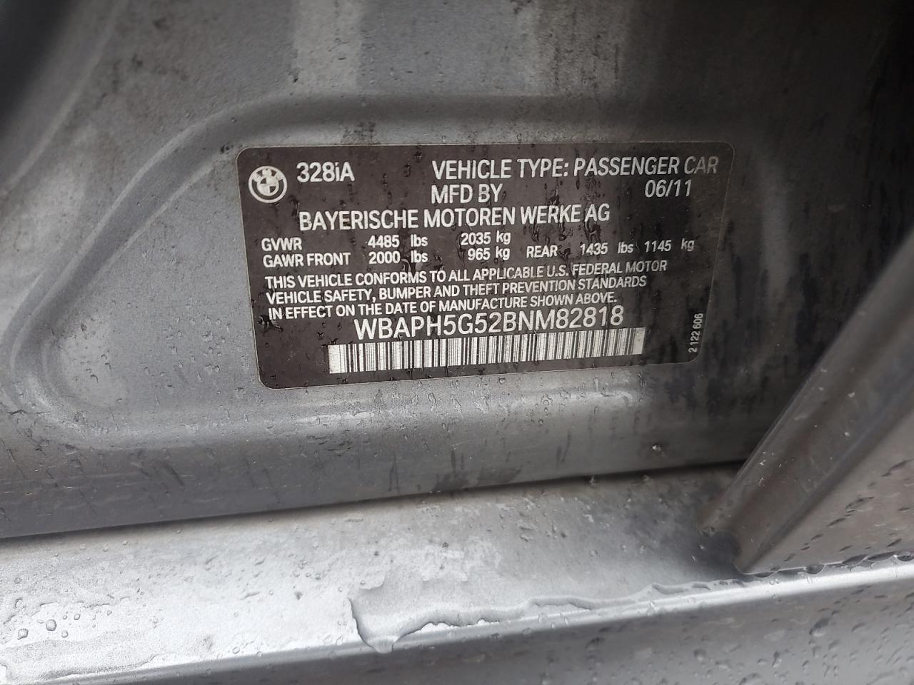 2011 BMW 328 I Sulev VIN: WBAPH5G52BNM82818 Lot: 81853185