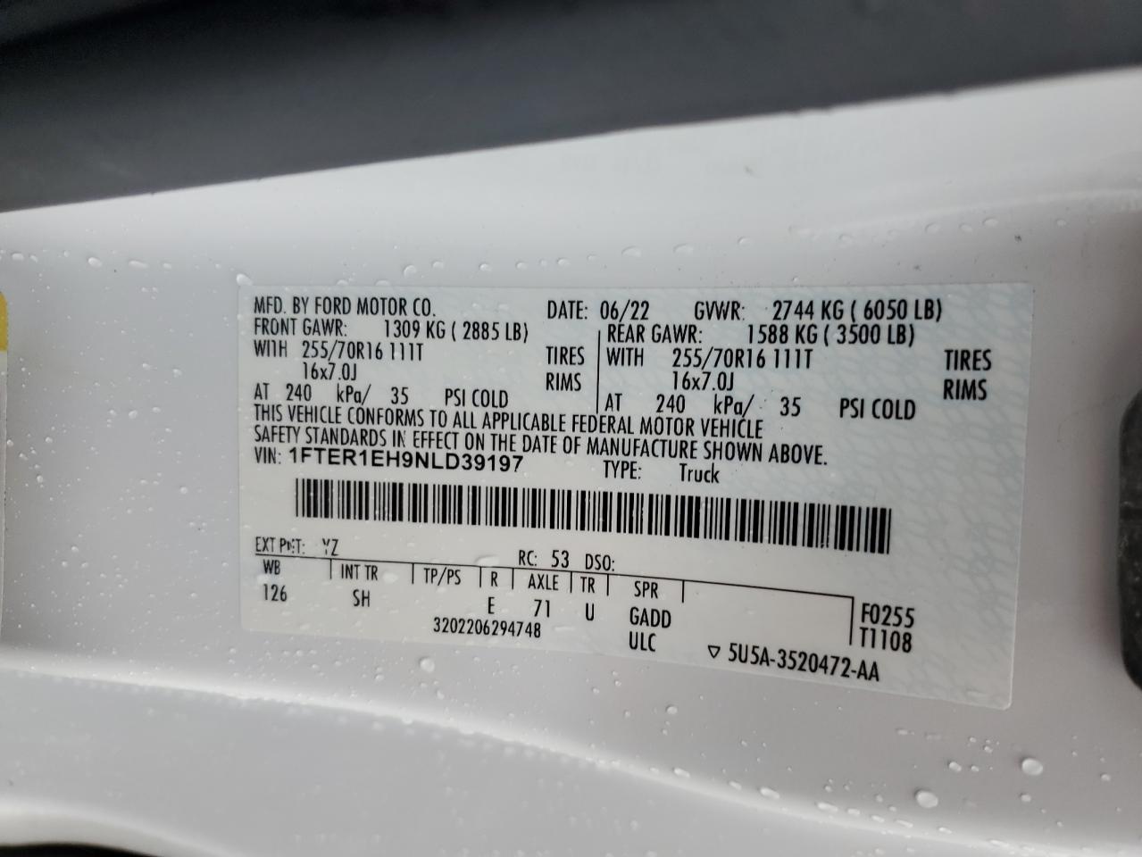 2022 Ford Ranger Xl VIN: 1FTER1EH9NLD39197 Lot: 71843905