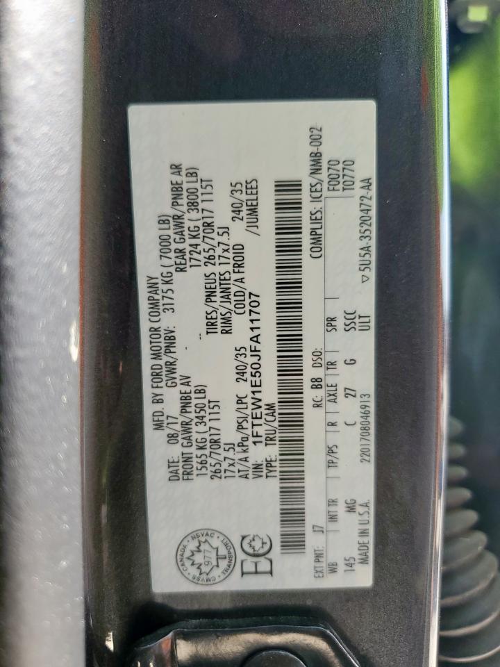 2018 Ford F150 Supercrew VIN: 1FTEW1E50JFA11707 Lot: 80912925