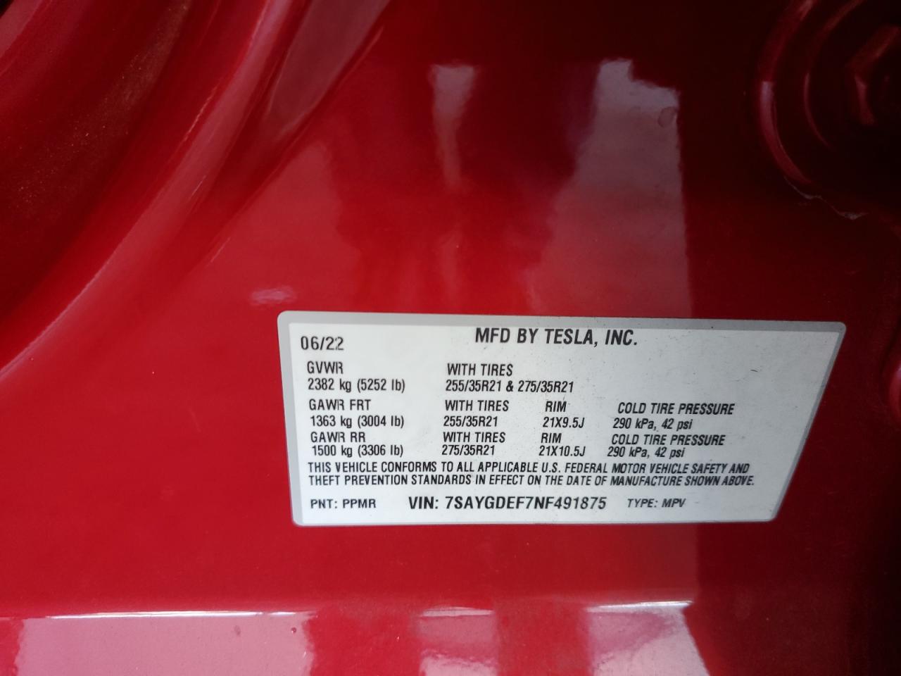2022 Tesla Model Y VIN: 7SAYGDEF7NF491875 Lot: 81700525